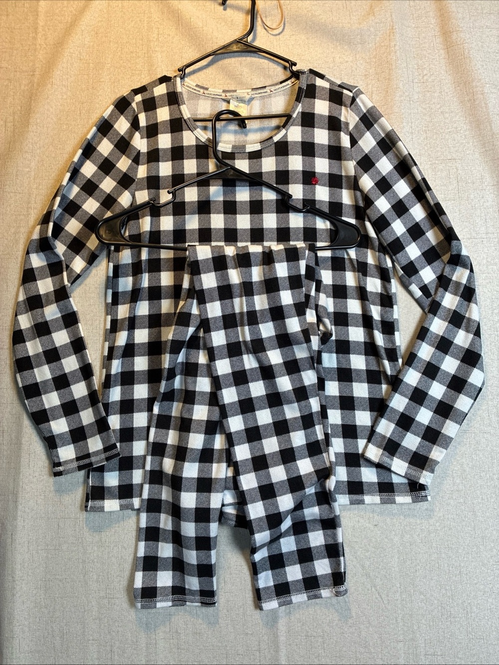 Lucky Brand Womens Super Soft Pajama Set L Black White Buffalo Check Long Sleeve